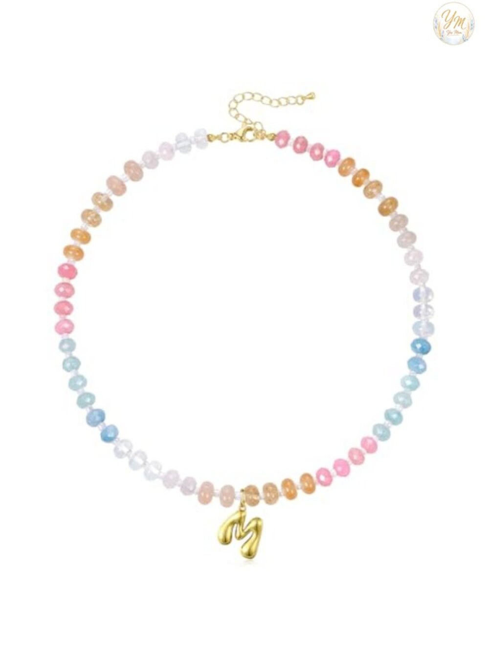 14K Gold Letter Initial Necklace, Natural Stone Beaded Choker, Handmade Jewelry